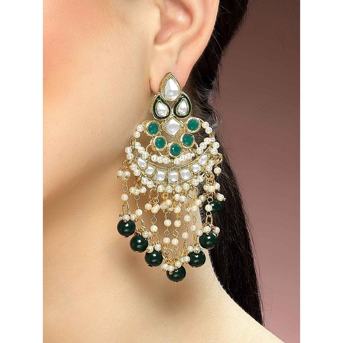 Karatcart Gold Plated Kundan Green Beads Dangler Earrings for Women