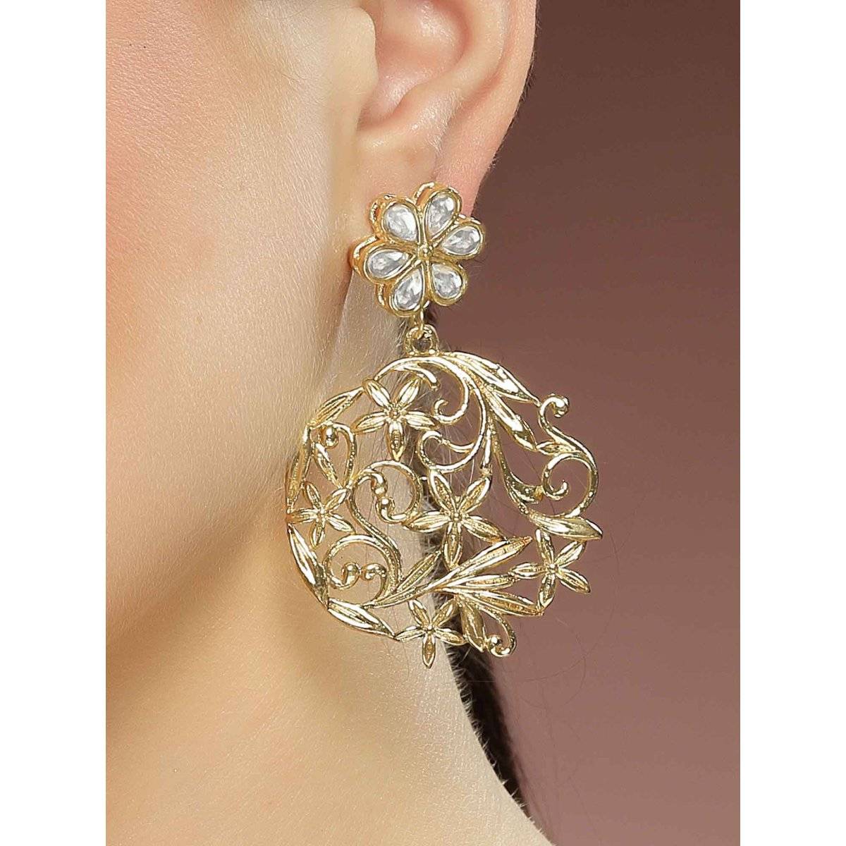 Karatcart Floral Design Golden Kundan Dangler Earrings for Women
