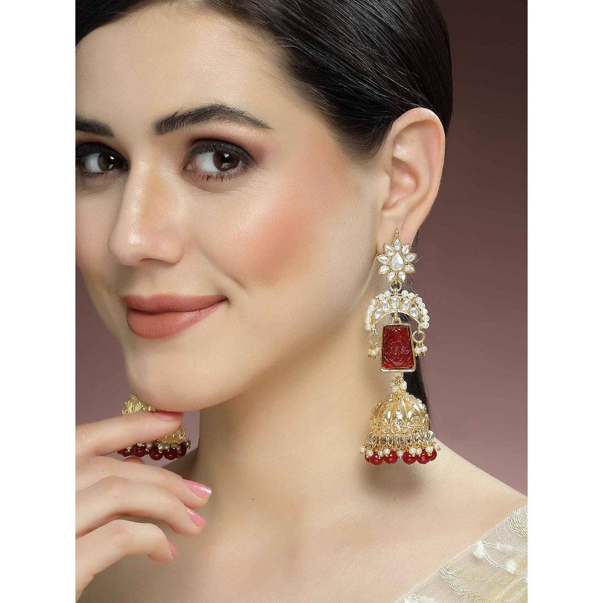 Karatcart Gold Plated Red Carved Stone Kundan Jhumki Drop Earrings for Women