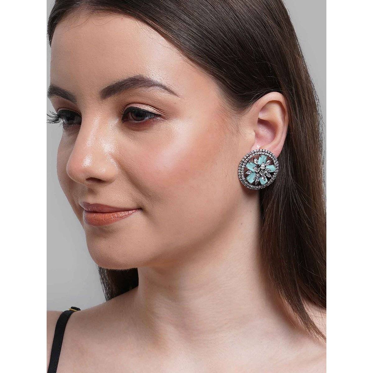 Karatcart Light Blue Ad Studded Floral Stud Earrings for Women