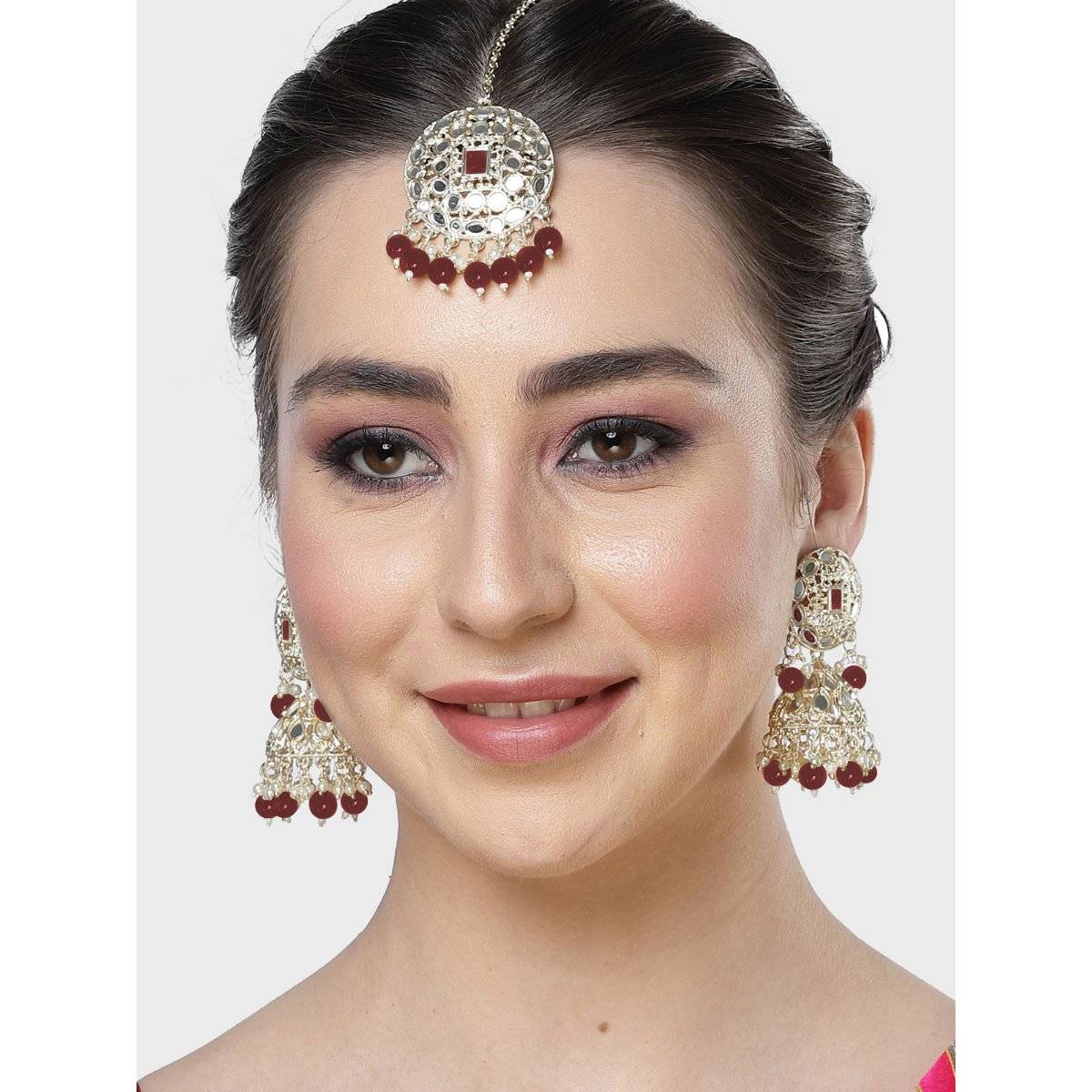 Karatcart Gold Plated Mirror and Maroon Bead Studded Round Jhumki Earrings & Maangtikka