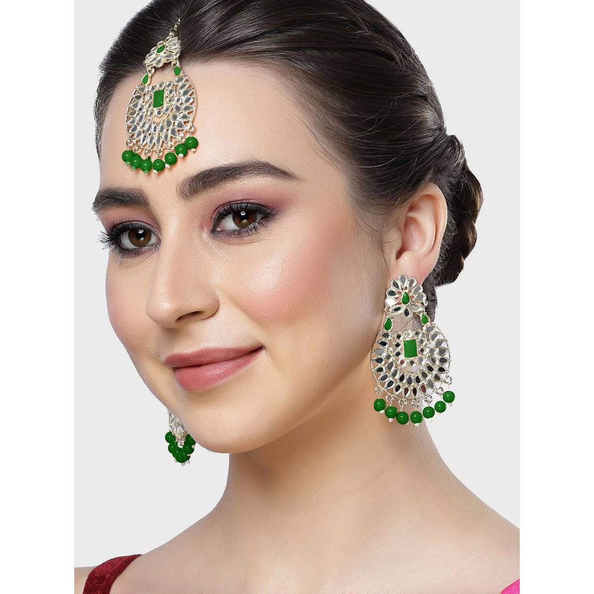 Karatcart Gold Plated Mirror and Green Beads Studded Dangler Earrings & Maangtikka