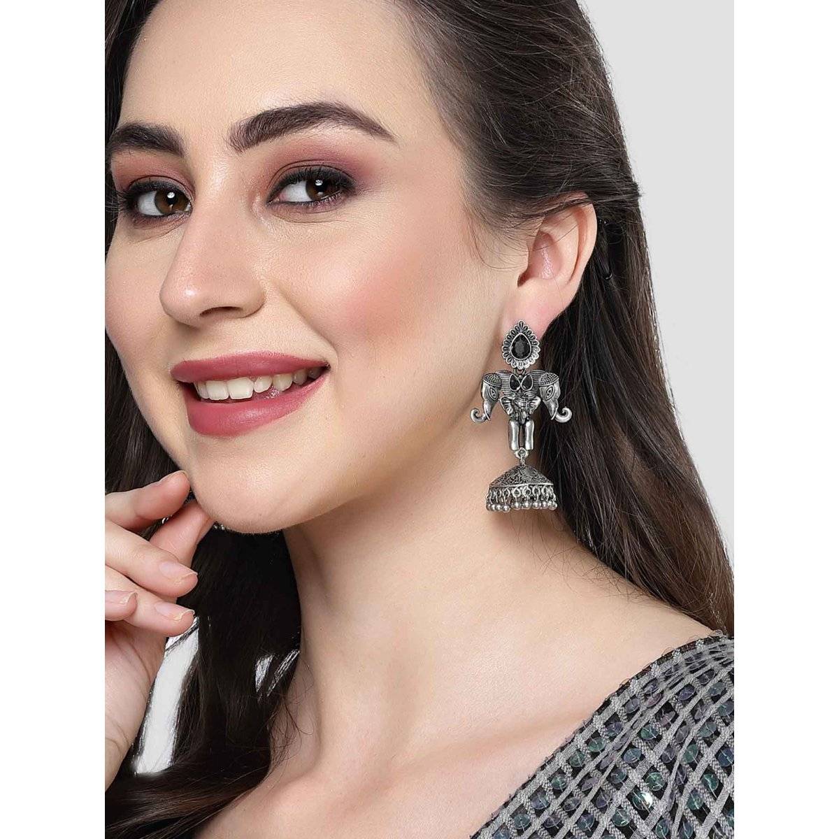 Karatcart Elephant Design Oxidised Silver Black Stone Flat Jhumki Earrings for Women