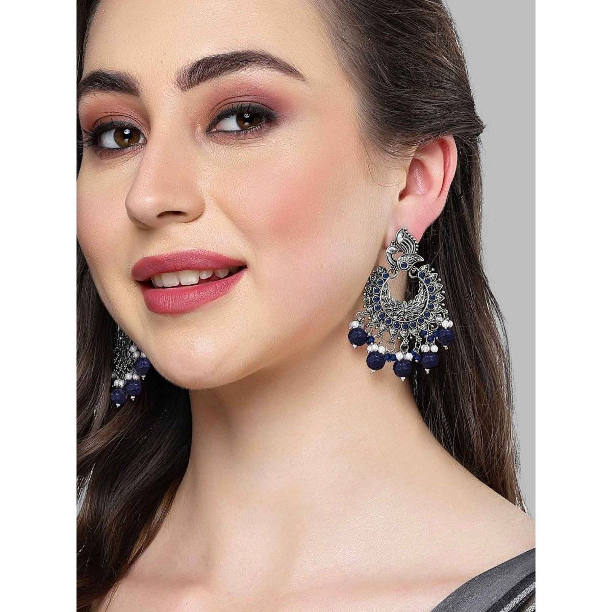 Karatcart Oxidised Silver Peacock Design Blue Beads and Kundan Dangler Earrings for Women