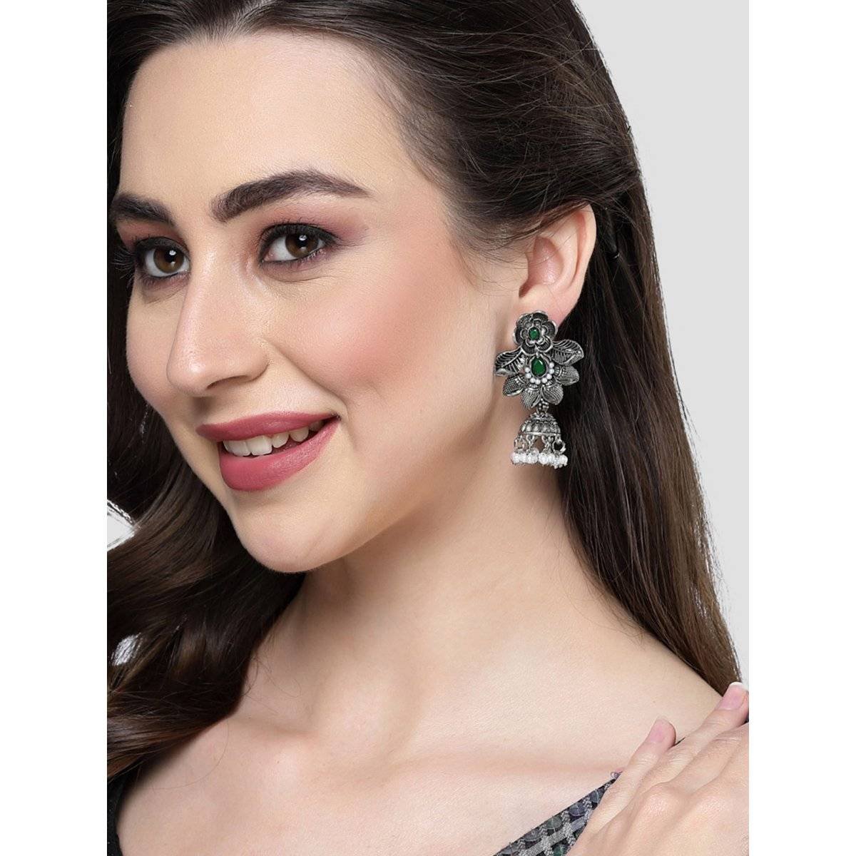 Karatcart Oxidised Silver Floral Design Green Stone Dangler Earring for Women