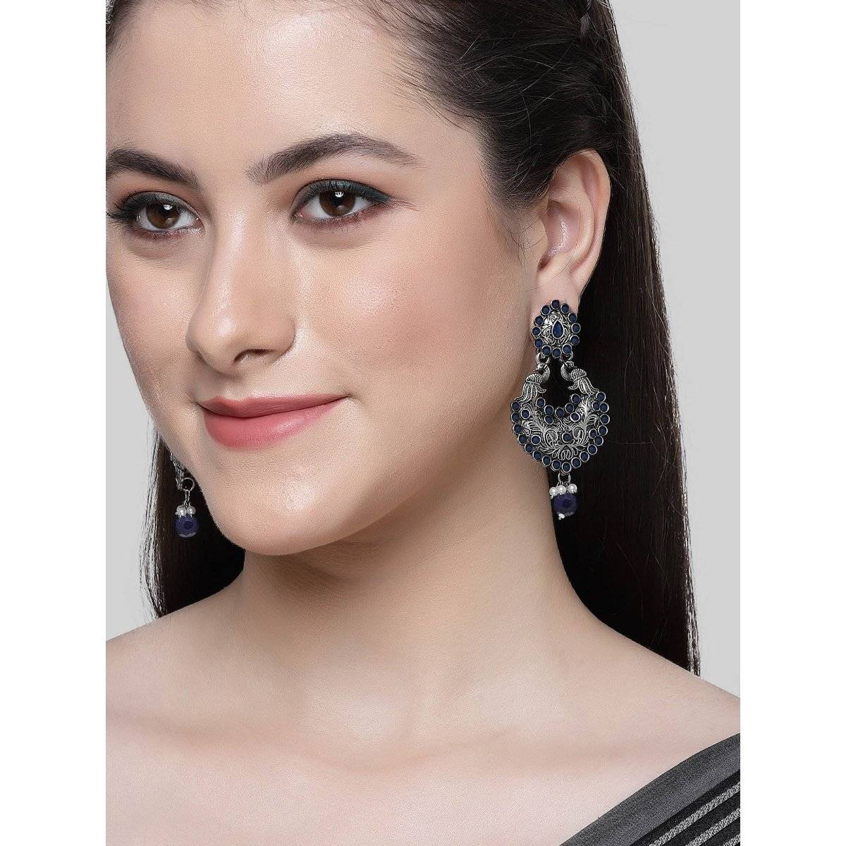 Karatcart Oxidised Silver Drop Shape Peacock Blue Stone Dangler Earring for Women