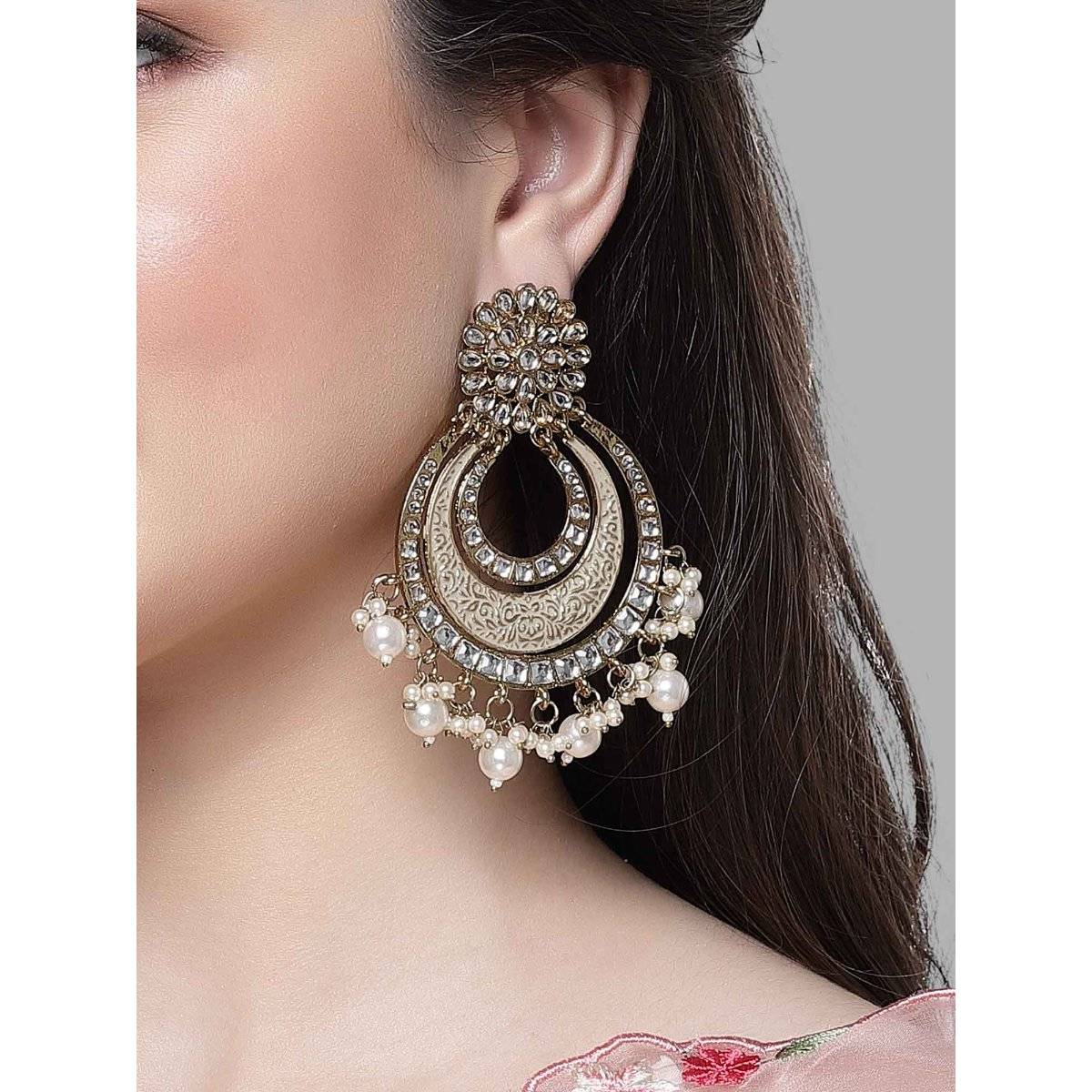 Karatcart Gold Plated Light White Meena Kundan Chandbali Earrings for Women