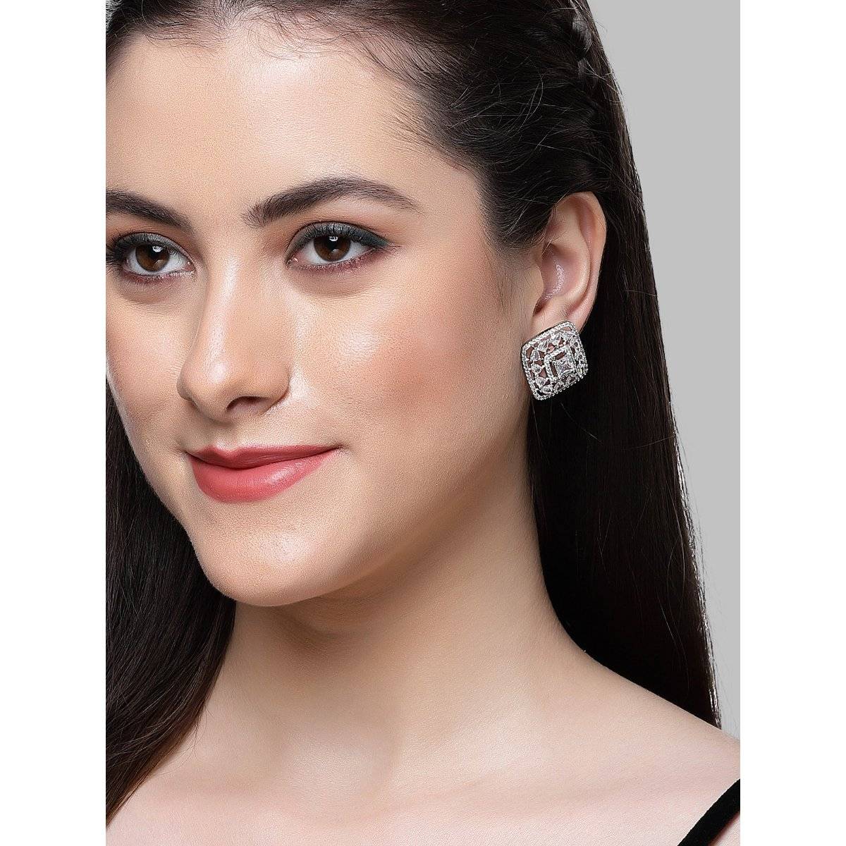 Karatcart Silver Tone Square Cubic Zirconia Stud Earrings for Women