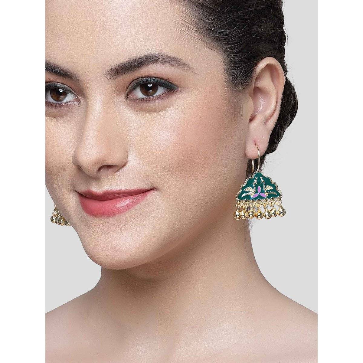 Karatcart Gold Plated Green Meena Peacock Design Drop Earring for Women