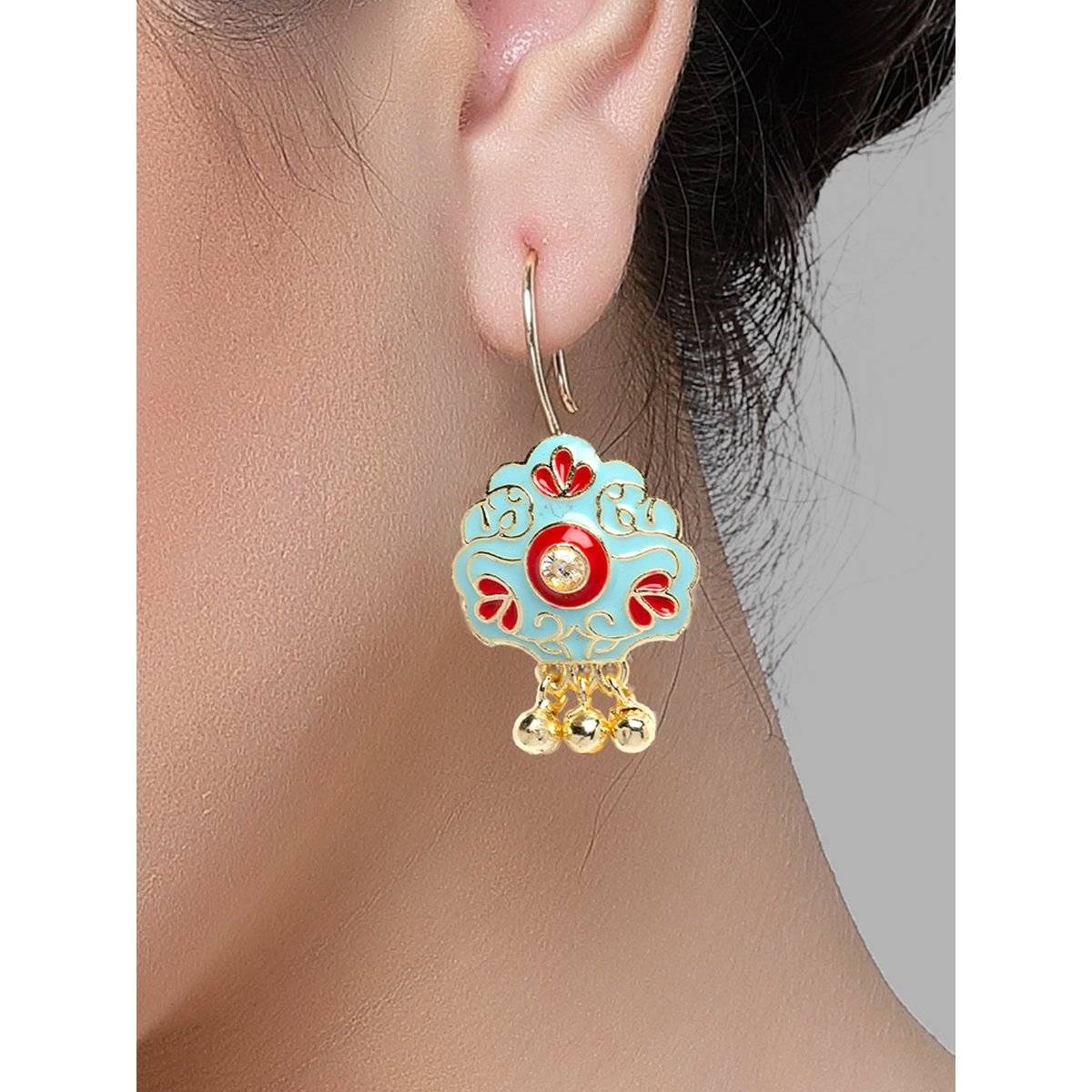 Karatcart Gold Plated Floral Design Red and Aqua Meena Drop Earrings for Women