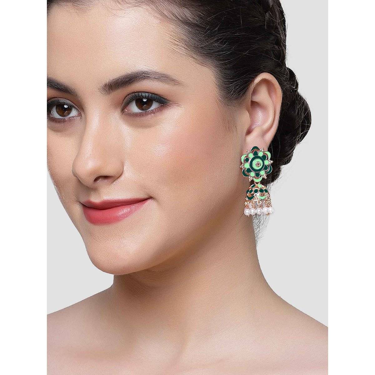 Karatcart Rose Gold Plated Floral Design Green Meena Jhumki Earrings for Women