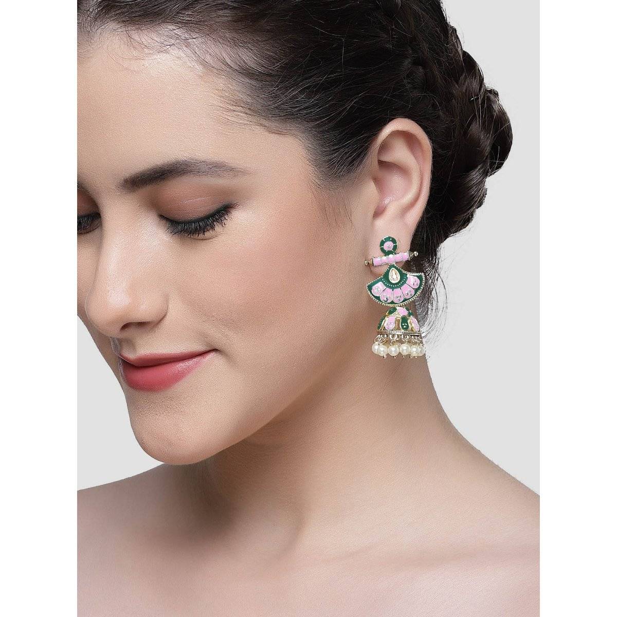 Karatcart Gold Plated Pink and Teal Meena Jhumki Earrings for Women