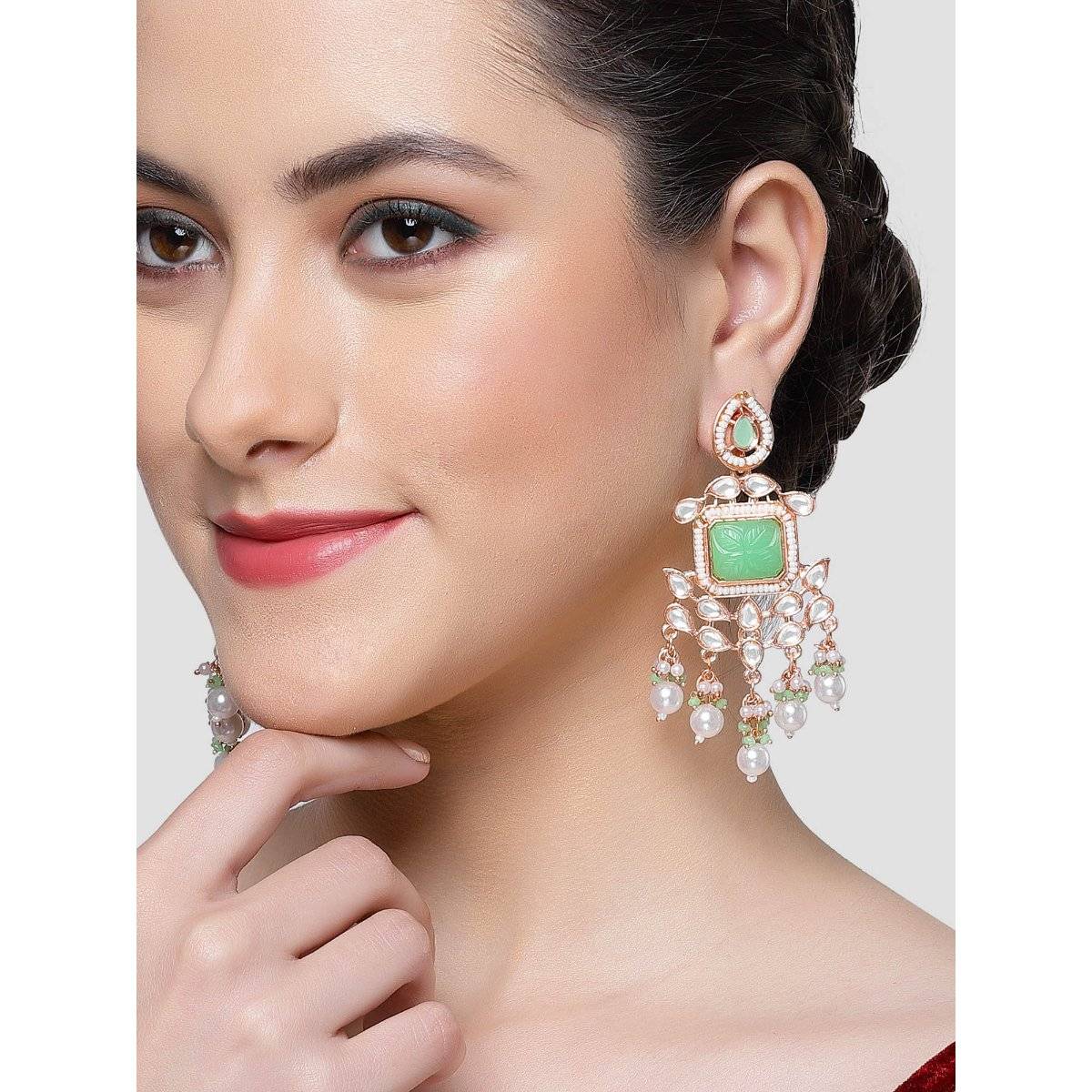 Karatcart Rose Gold Plated Lime Green Carved Stone Kundan Drop Earrings for Women