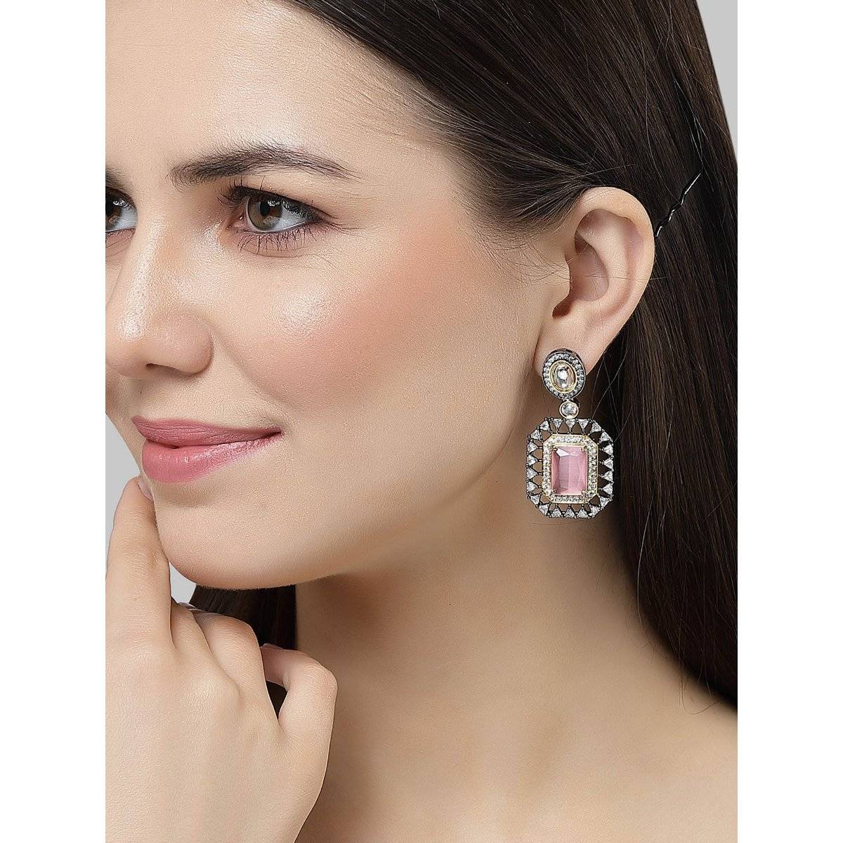Karatcart Black Silver Plated Pink Cubic Zirconia Studded Drop Earrings for Women