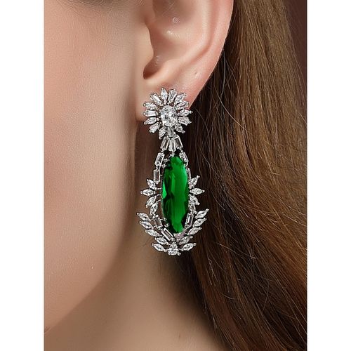 Karatcart Silver Plated Big Green Cubic Zirconia Studded Drop Earrings for  Women