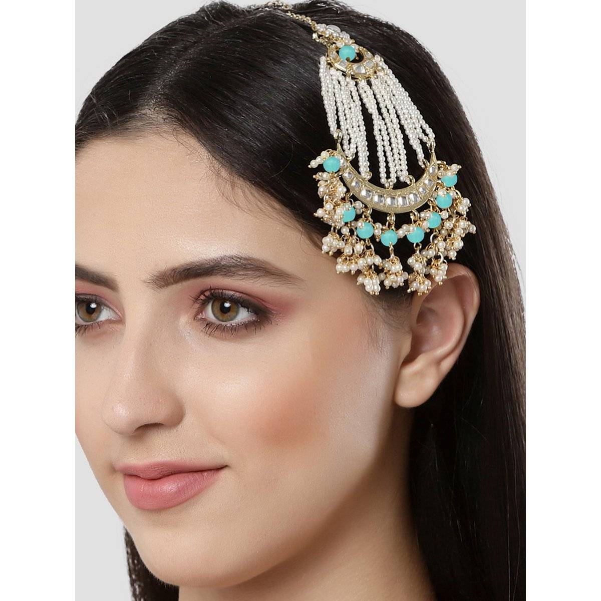 Karatcart Gold Plated Handcrafted Light Blue Bead Kundan Passa for Women