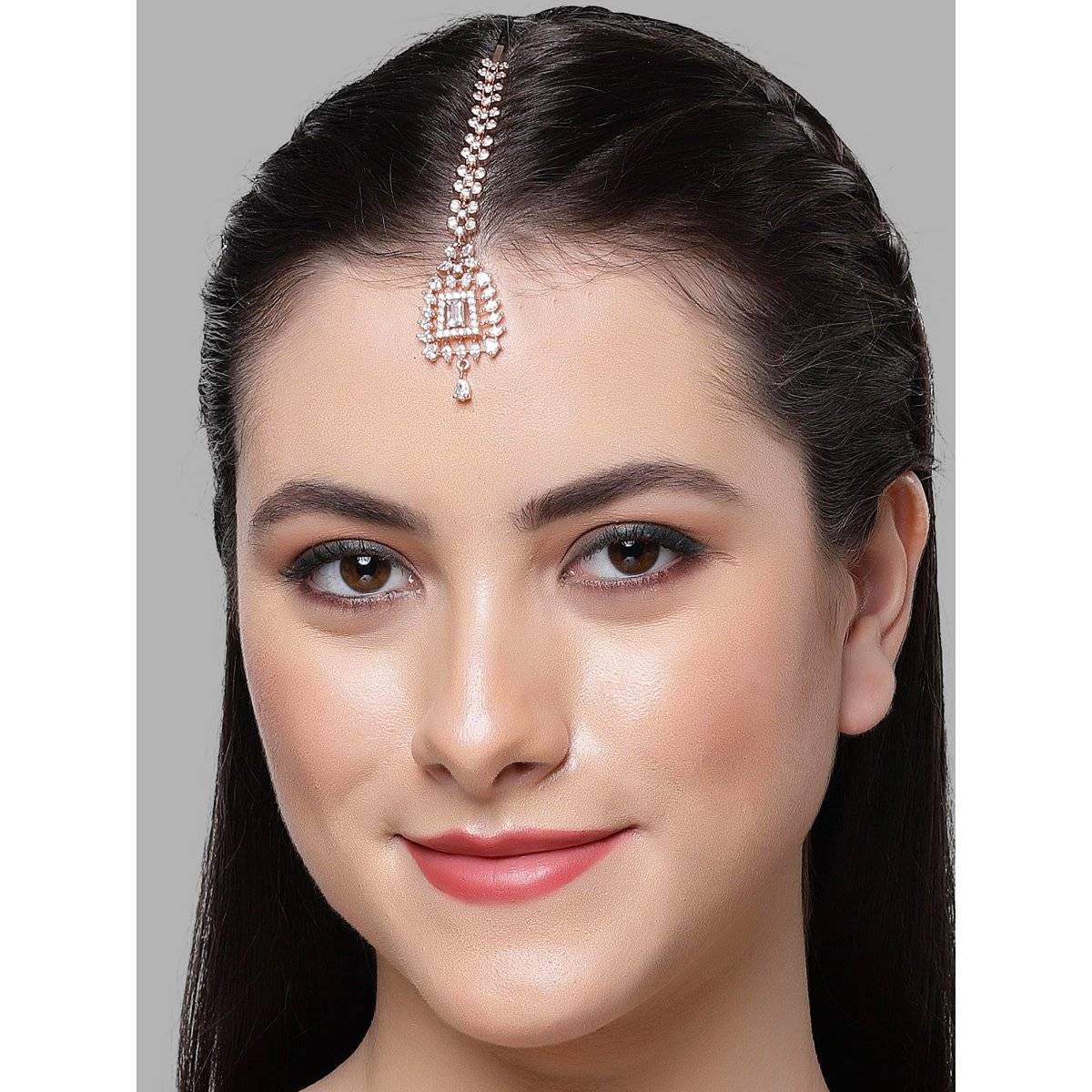Karatcart Rose Gold Plated Square Design Ad Studded Maangtikka for Women