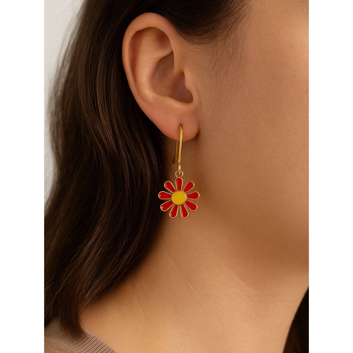 Digital Dress Room Mini Red Yellow Flower Dangler Earrings