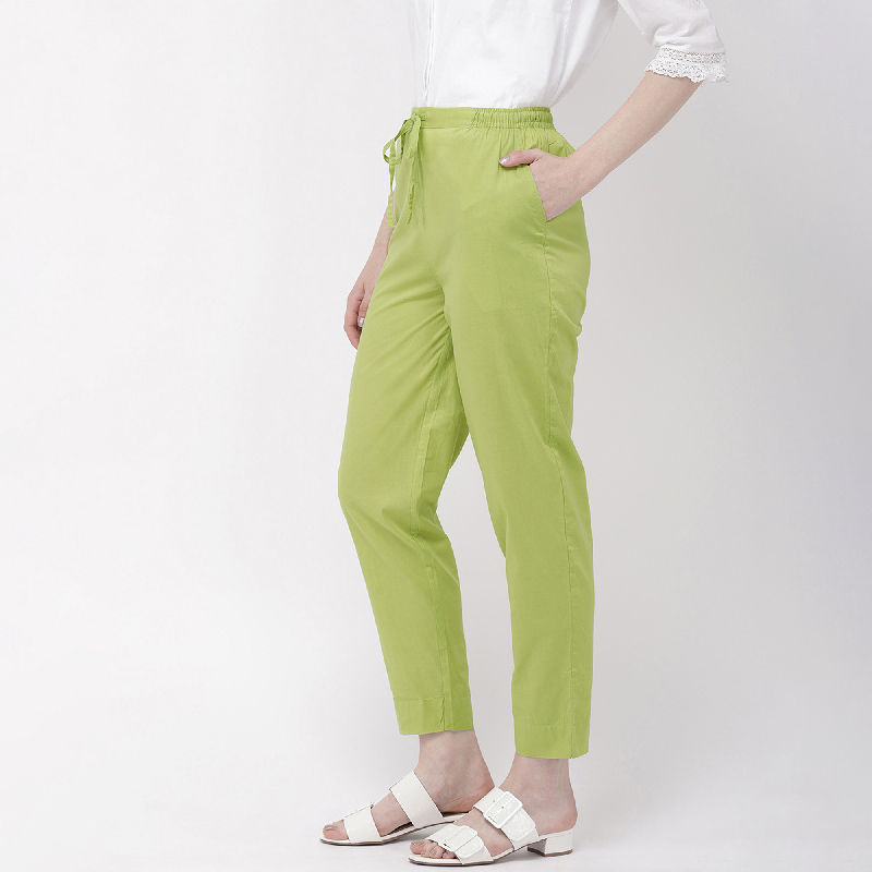 Woman Pista Green Polycotton Textured Trousers by Wyshlist