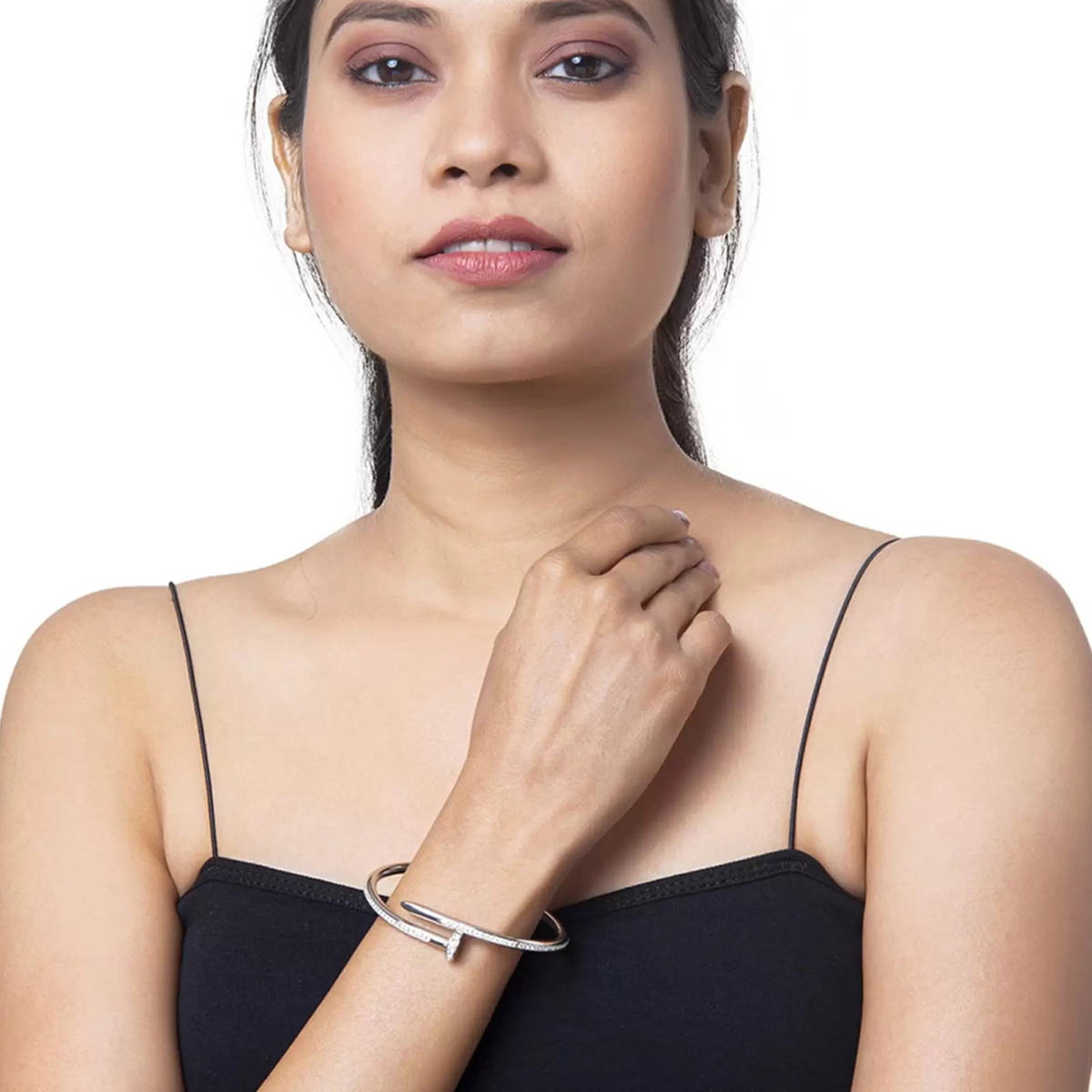 Designs & You Silver Plated Stainless Steel Anti Tarnish AD Studded Nail Bracelet