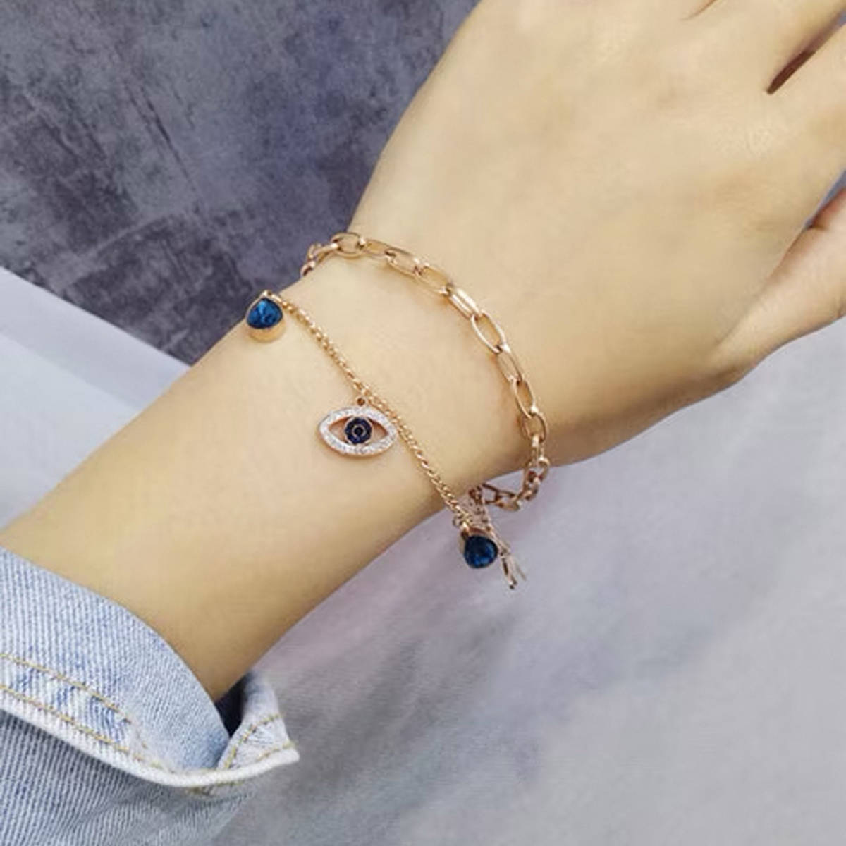 Designs & You Gold Plated Stainless Steel Anti Tarnish Crystal Studded Evil Eye Bracelet