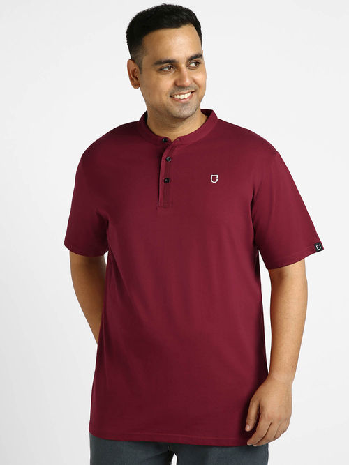 Urbano Plus Mens Maroon Solid Mandarin Collar Regular Fit Half Sleeve  Cotton T-Shirt