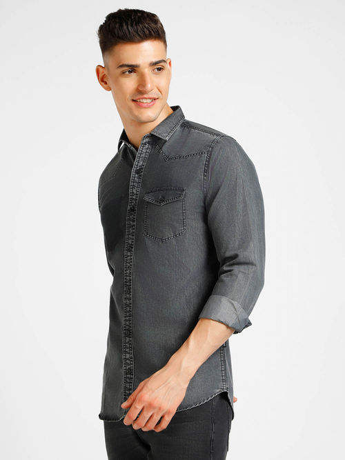 Urbano Fashion Mens Black Denim Full Sleeve Slim Fit Washed Casual Shirt