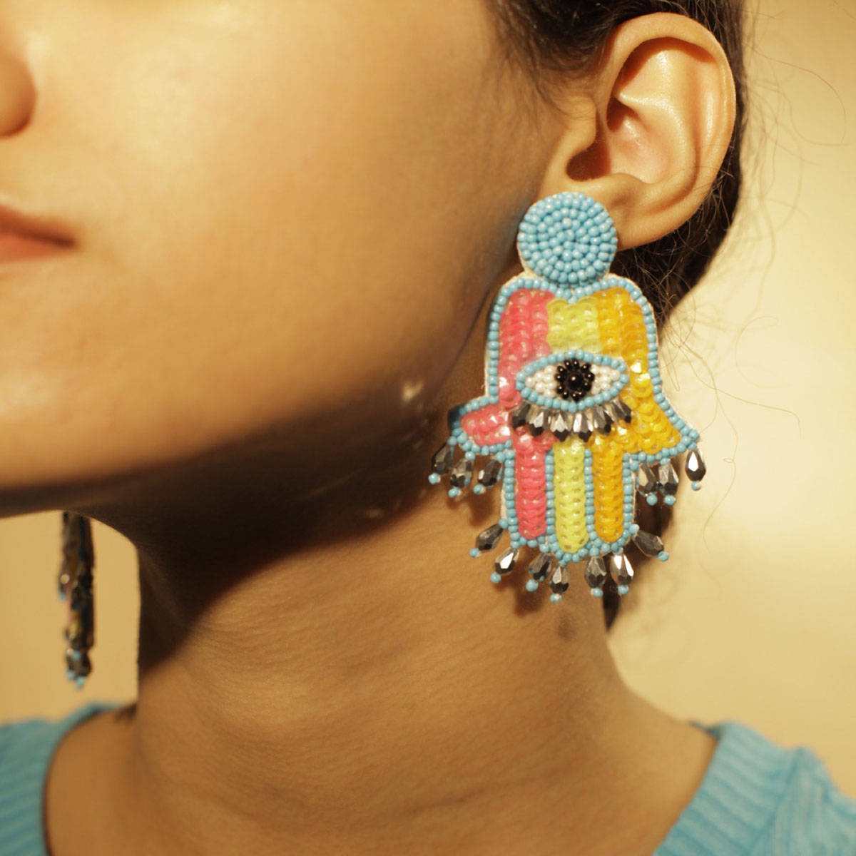 Digital Dress Room Colorful Beaded Hamsa Evil Eye Earrings