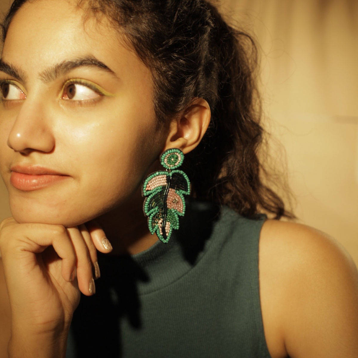 Digital Dress Room Colourful Beaded Leaf Danglers Earrings