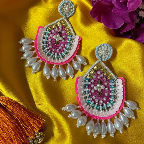 Buy Digital Dress Room Hot Pink Beaded Drop Stud Earrings Online