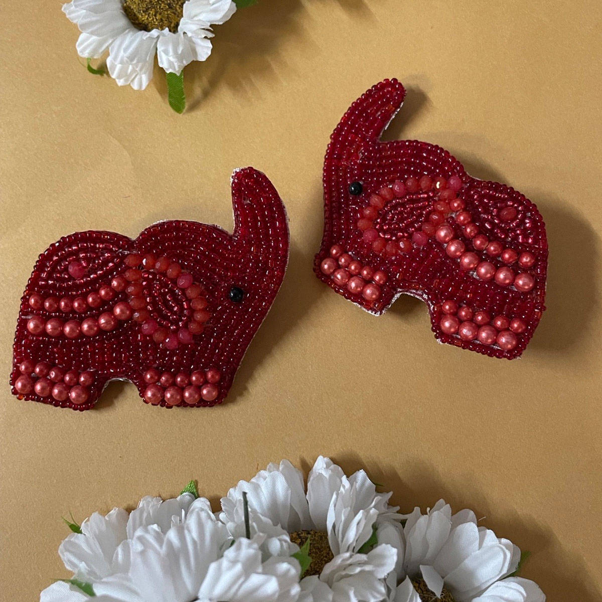 Digital Dress Room Red Beaded Elephant Stud Earrings