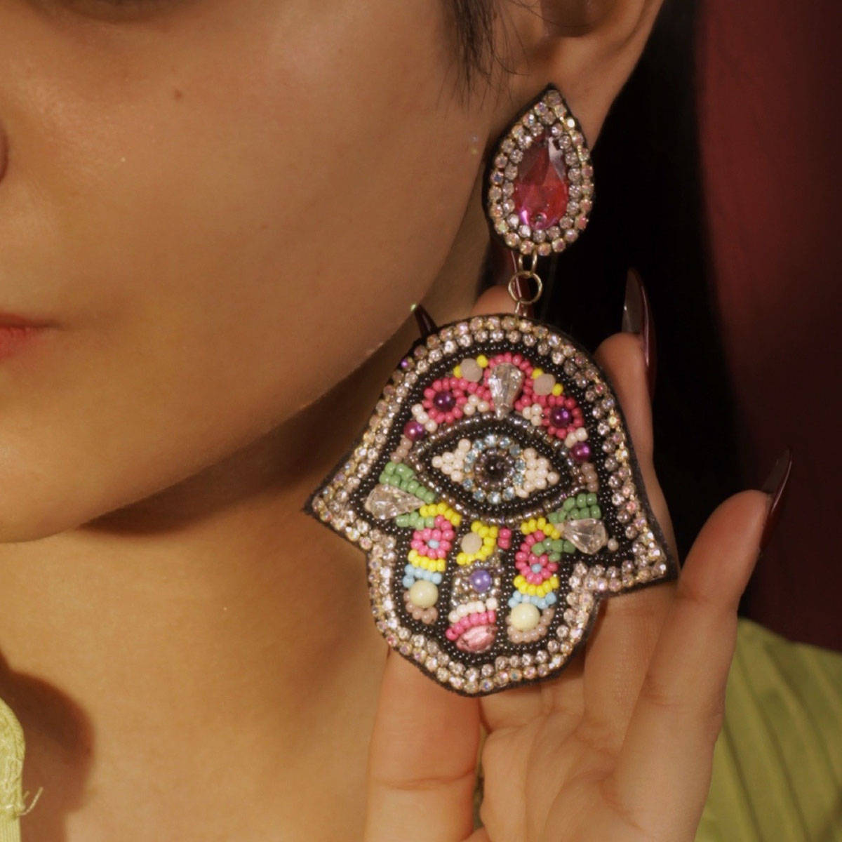 Digital Dress Room Colorful Beaded Evil Eye Hamsa Earrings