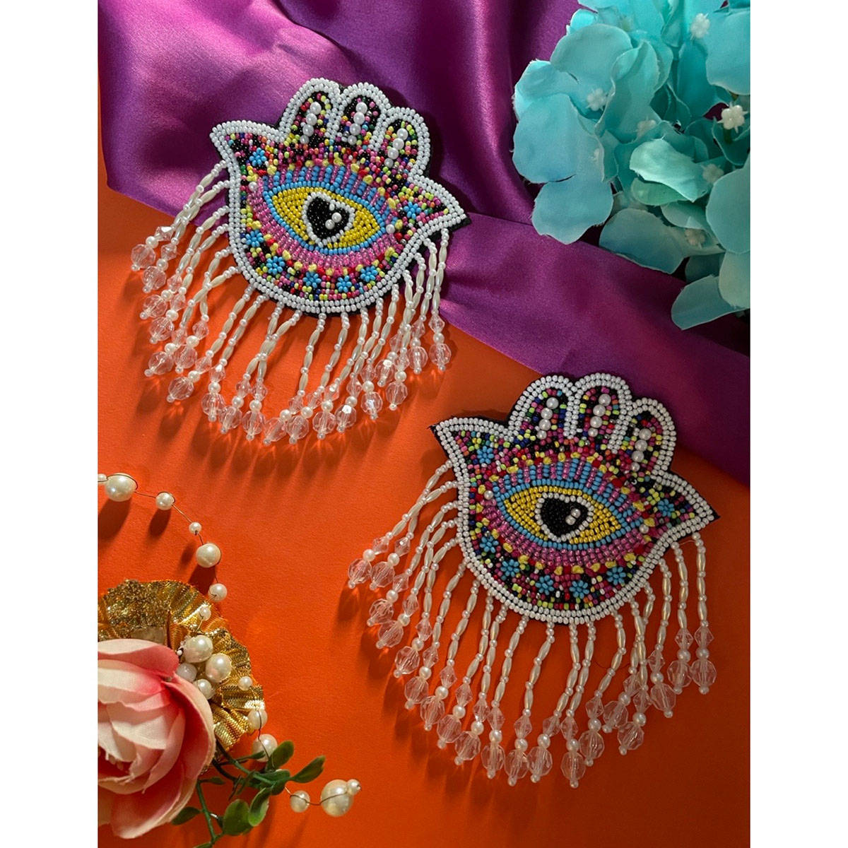 Digital Dress Room Colorful Beaded Hamsa Evil Eye Earrings