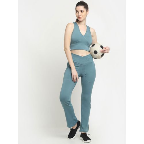 Buy EVERDION Blue Crossover Pocket Split Hem Full Length Flare Yoga Pants  Online