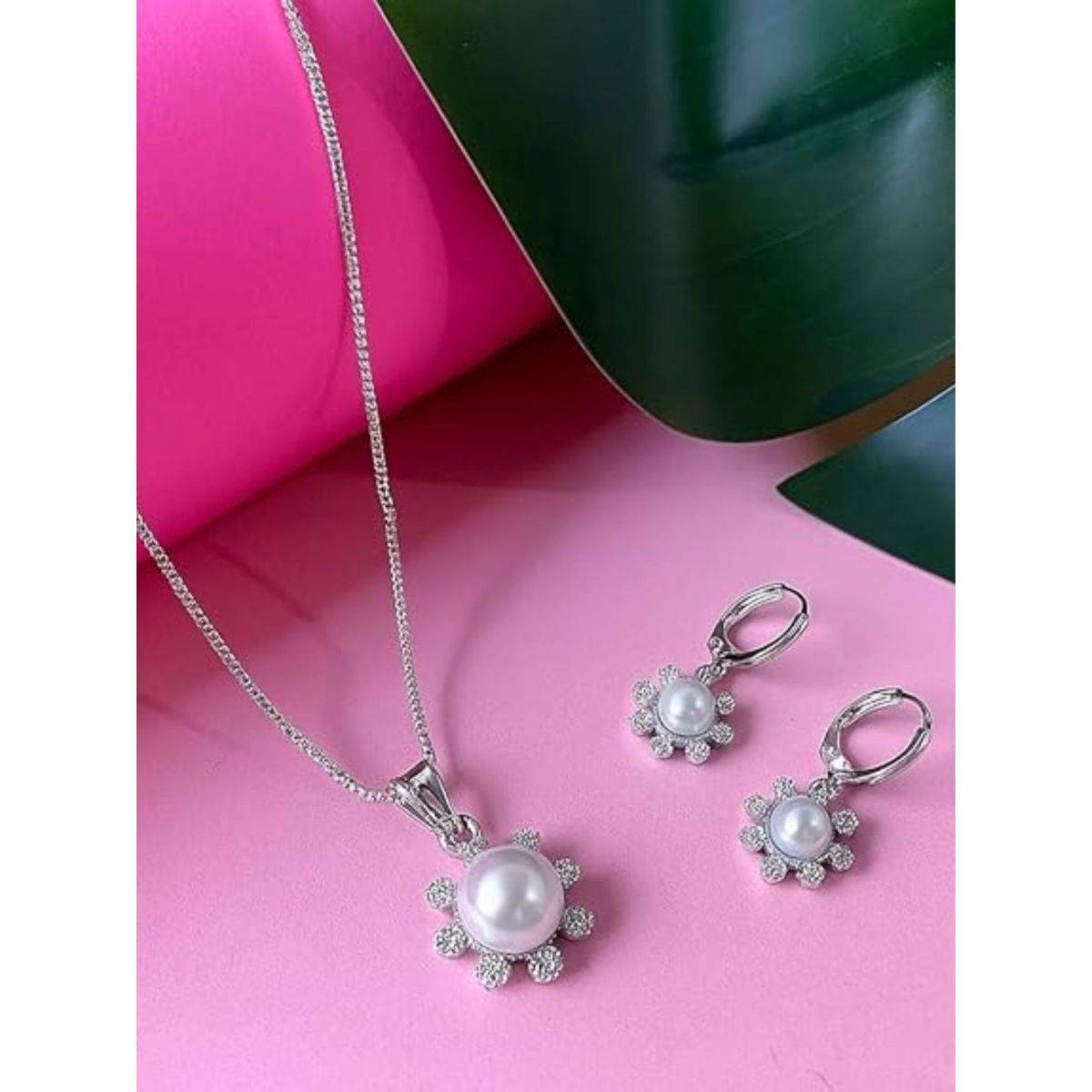 I Jewels Silver-Plated Cz And Ad Studded Jewellery Set