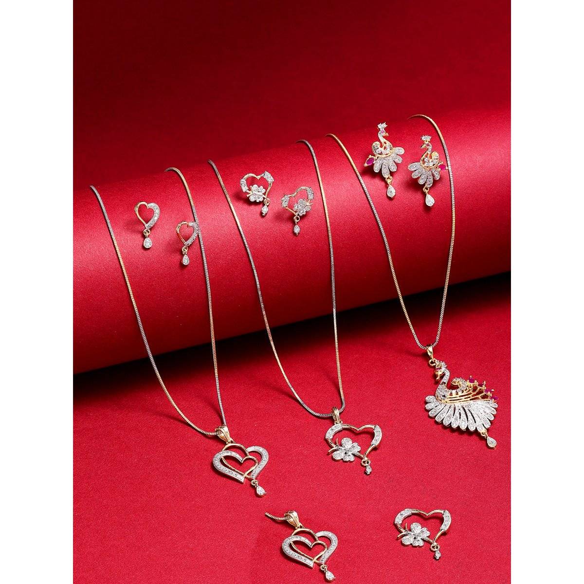 ZENEME Gold-Plated Cz Studded Pack of 3 Contemporary Pendant Set with Earrings for Women