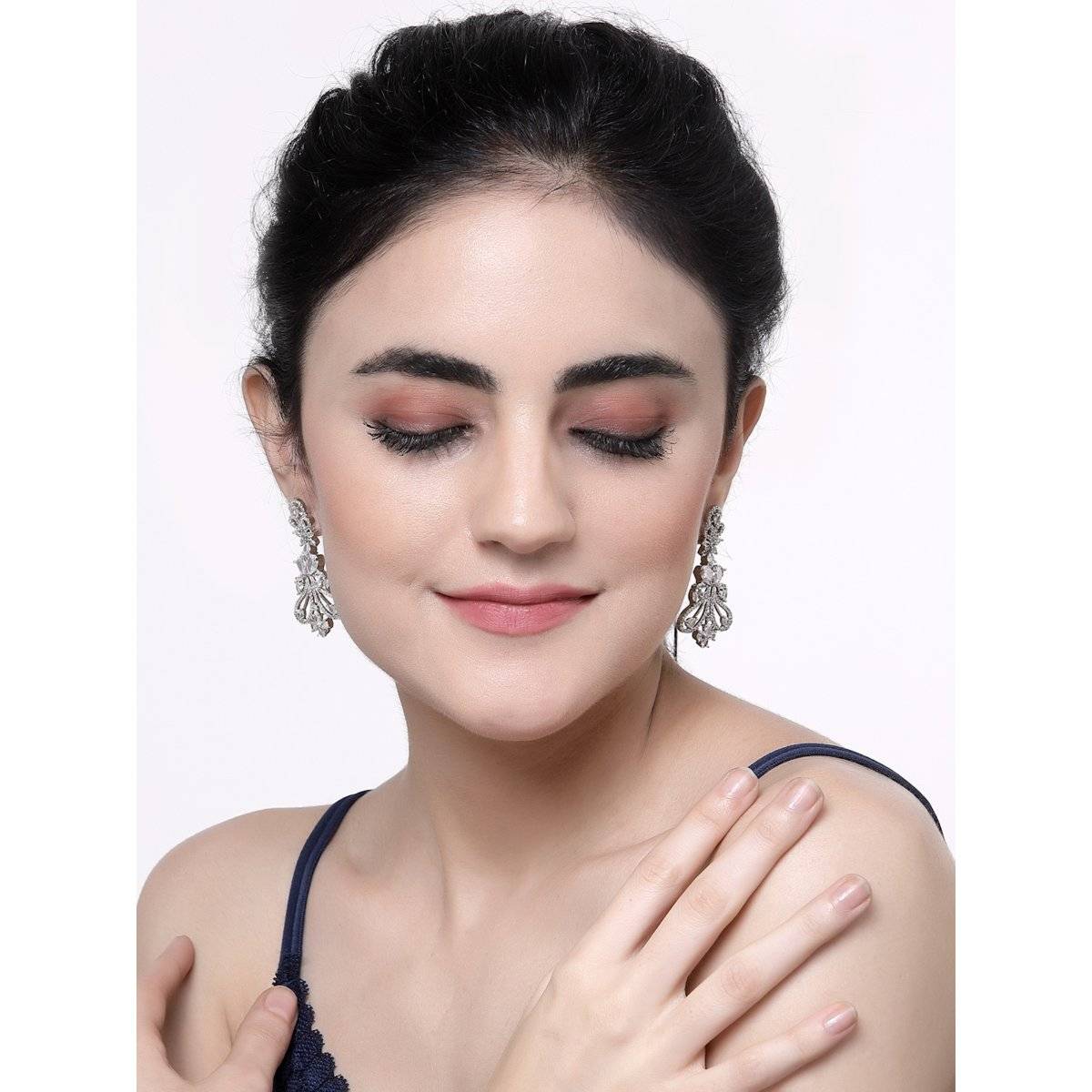 ZENEME Rhodium-Plated White Ad Studded Paisley Shaped Drop Earrings for Women