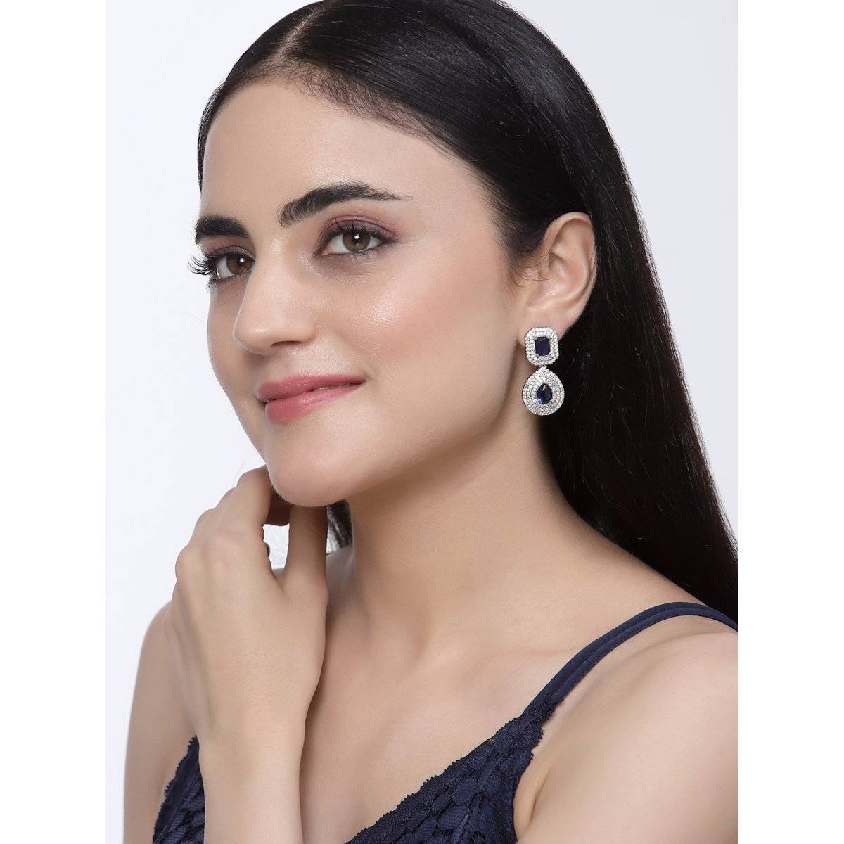 ZENEME Rhodium-Plated Blue American Diamond Studded Teardrop Dangle Earrings for Women