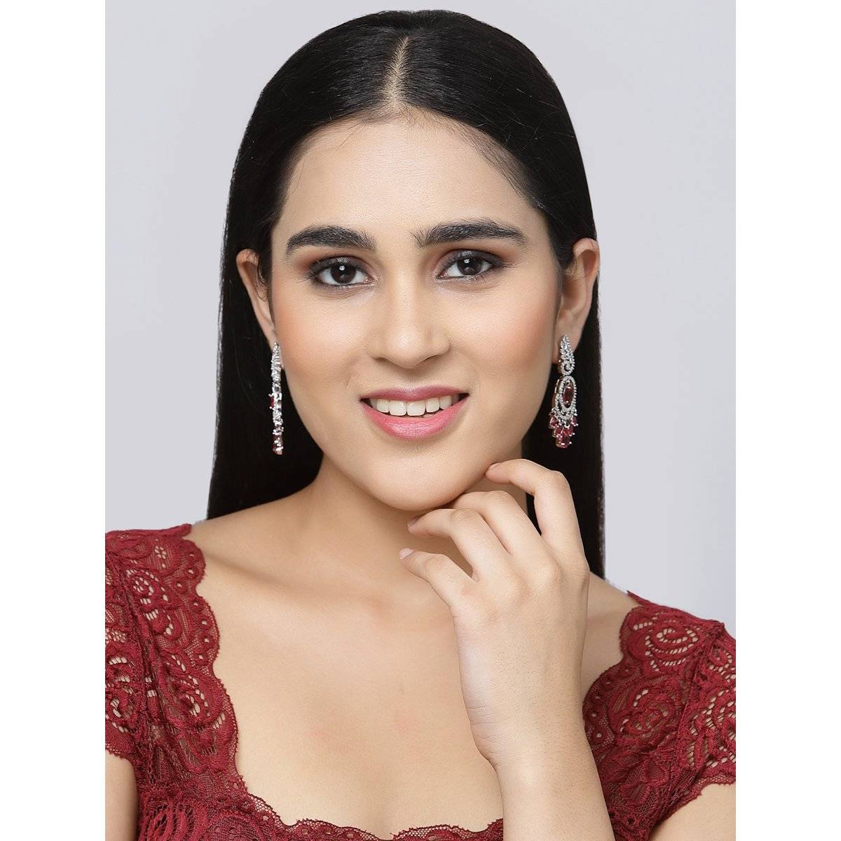 ZENEME Rhodium-Plated Silver Toned Red American Diamond Studded Oval Crystal Earring