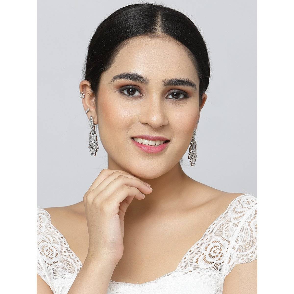ZENEME Rhodium-Plated Silver Toned White American Diamond Studded Oval Crystal Earring