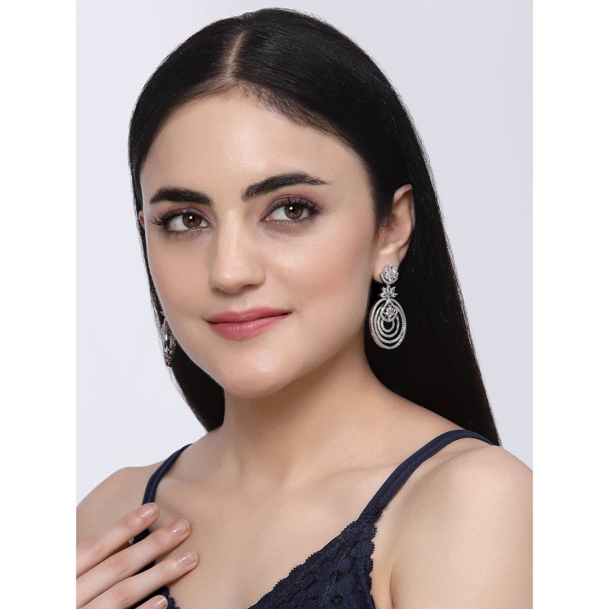 ZENEME Rhodium-Plated American Diamond Studded Circular Drop Earrings for Women