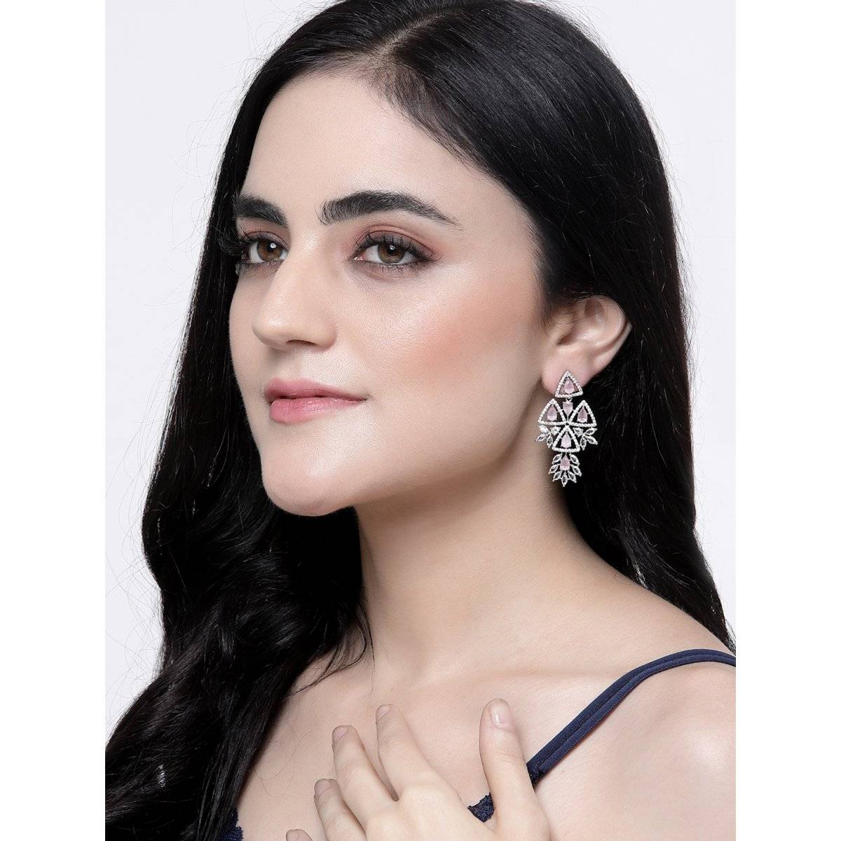 ZENEME Rhodium-Plated American Diamond Studded Triangular Shaped Drop Earrings for Women