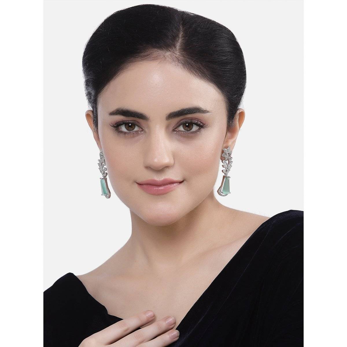 ZENEME Rhodium-Plated Green American Diamond Studded Floral Theme Drop Earrings for Women