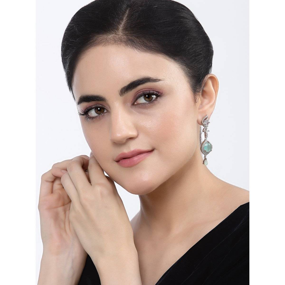 ZENEME Rhodium-Plated Silver Green American Diamond Studded Teardrop Shaped Drop Earrings