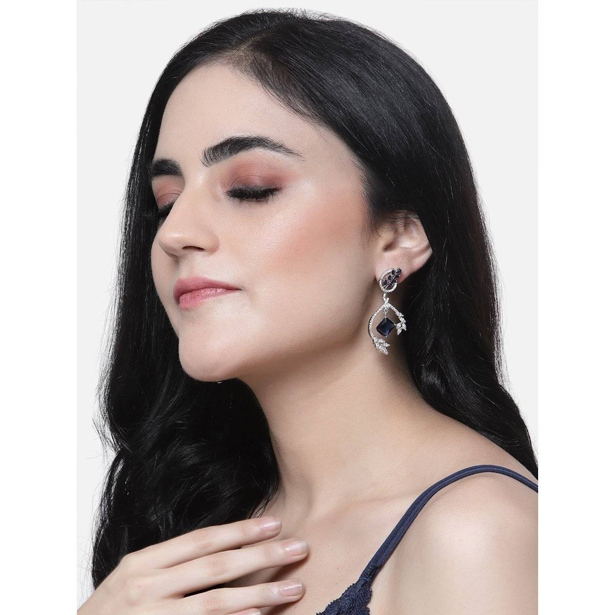 ZENEME Rhodium-Plated Blue American Diamond Crystal Studded Drop Earrings for Women