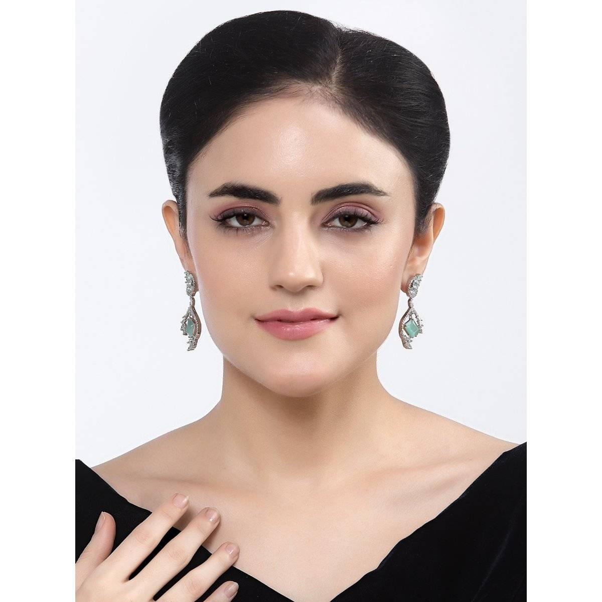 ZENEME Rhodium-Plated Green American Diamond Crystal Studded Drop Earrings for Women