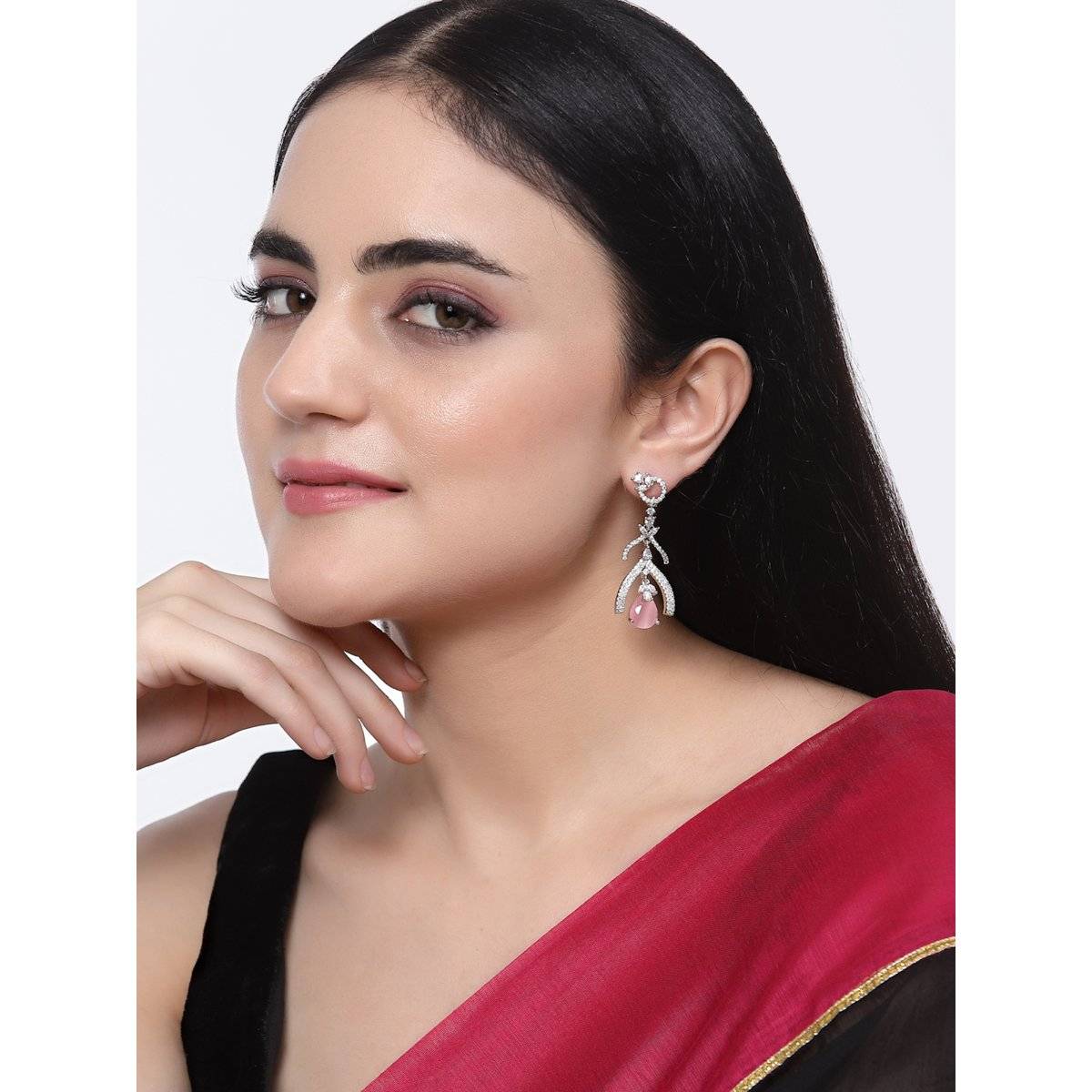 ZENEME Rhodium-Plated Pink American Diamond Studded Teardrop & Quirky Earrings for Women