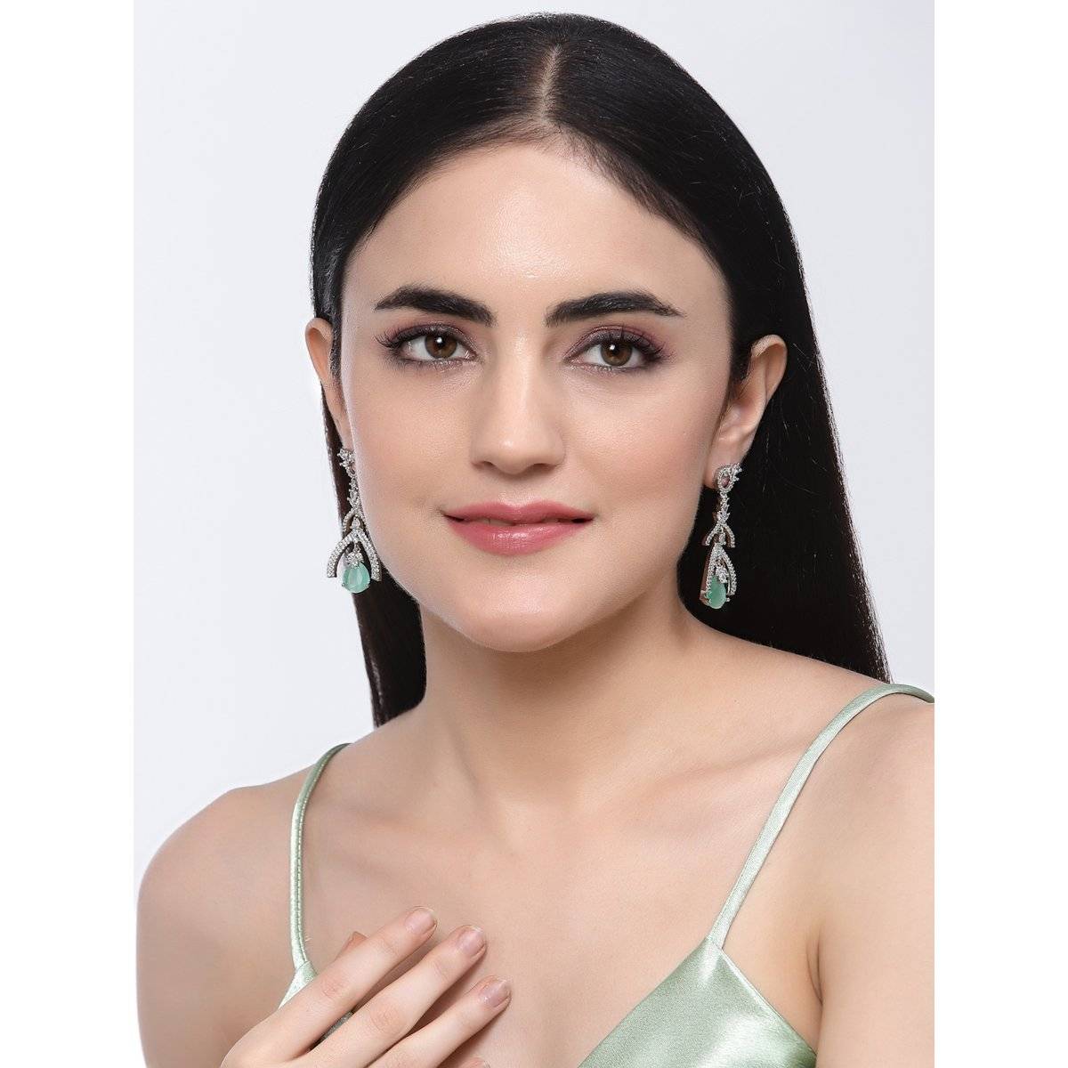ZENEME Rhodium-Plated Green American Diamond Studded Teardrop & Quirky Earrings for Women