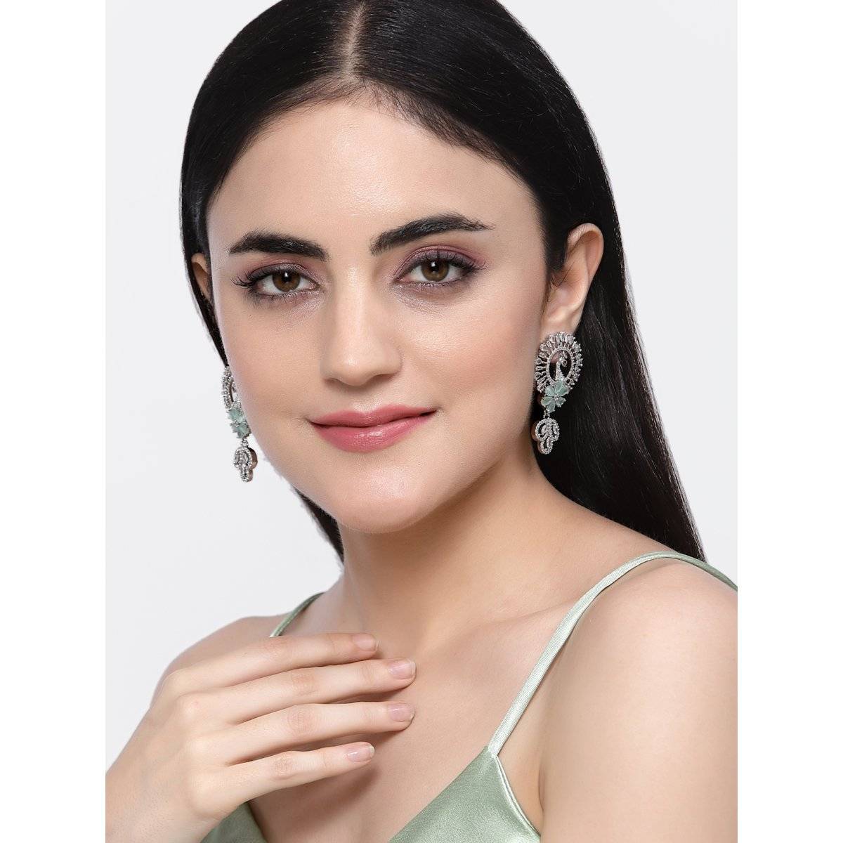 ZENEME Rhodium-Plated American Diamond Crystal Peacock Dangler Earrings for Women