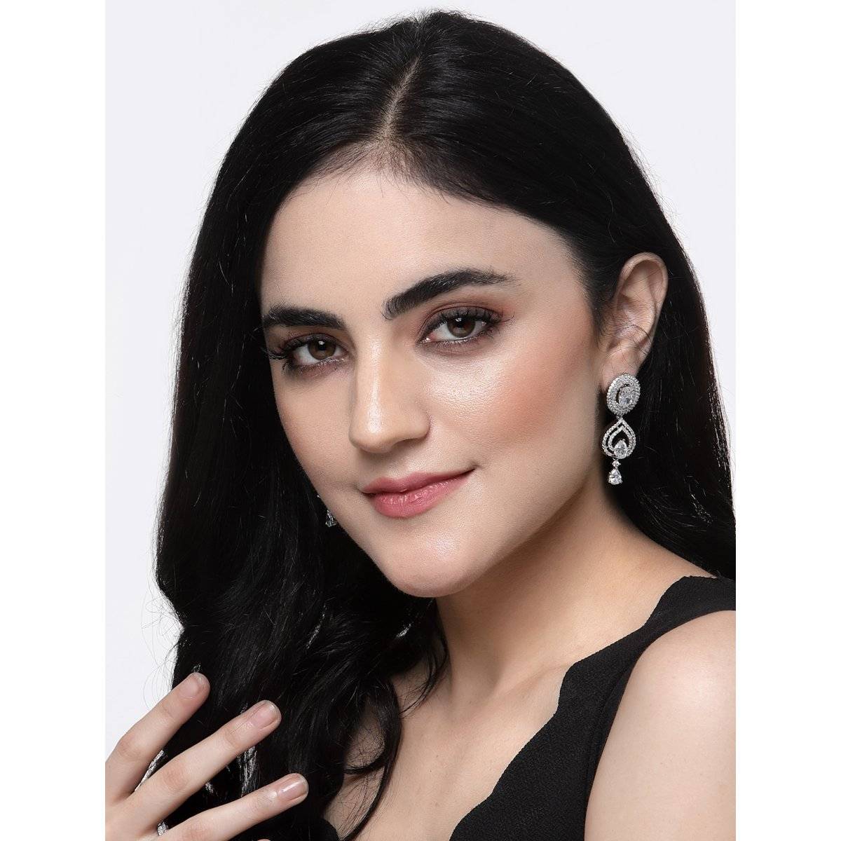 ZENEME Rhodium-Plated Silver Brass with White Ad Studded Drop Earrings for Women